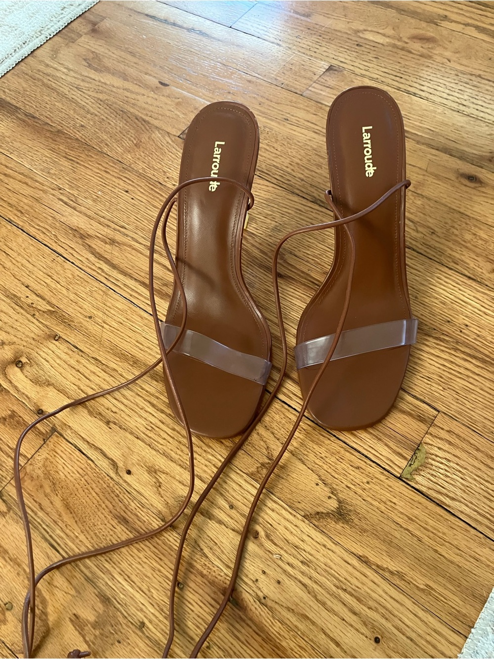 Larroude Gloria Clear Heel Sandals Brown Leather Vinyl Tie Ankle Straps - Picture 6 of 7